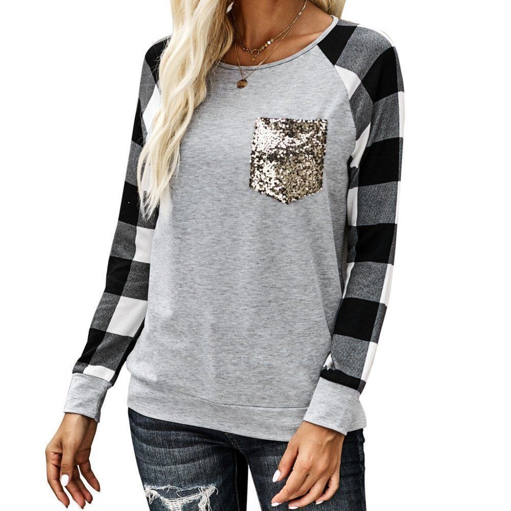 Grey Plaid Sequin Top
